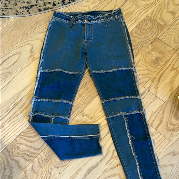 Denim - Women's Blue Patchwork Skinny Jeans
